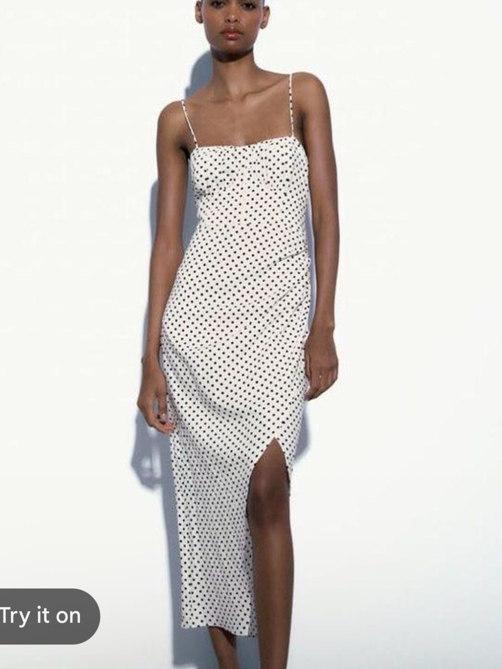 Zara linen blend White Polka Dot Slip Dress with  ruched Side Slit. Feminine. M